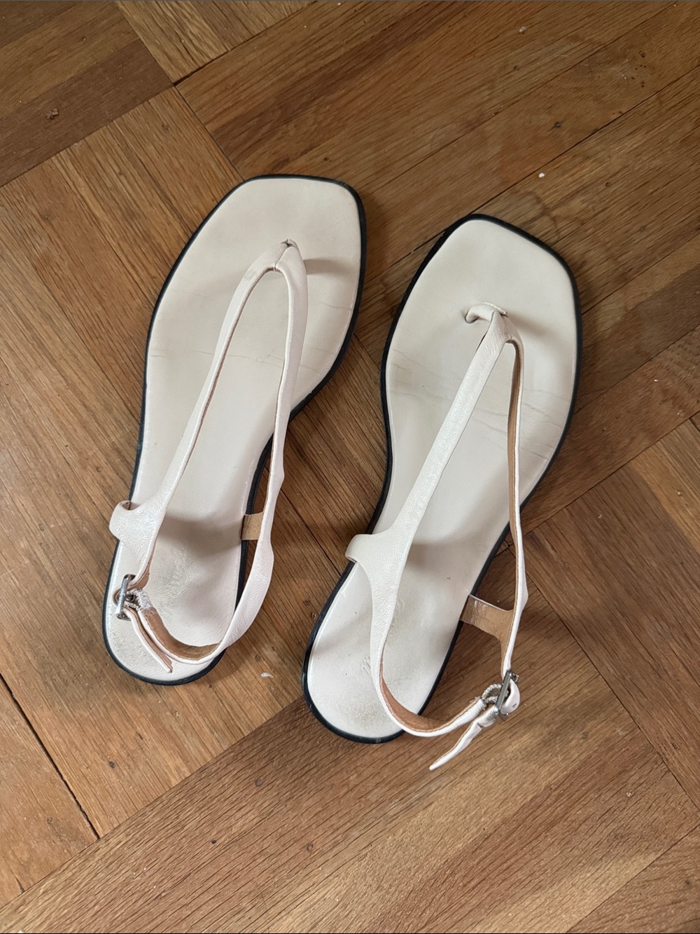 Madewell Cream T-Strap Sandals with Black Trim